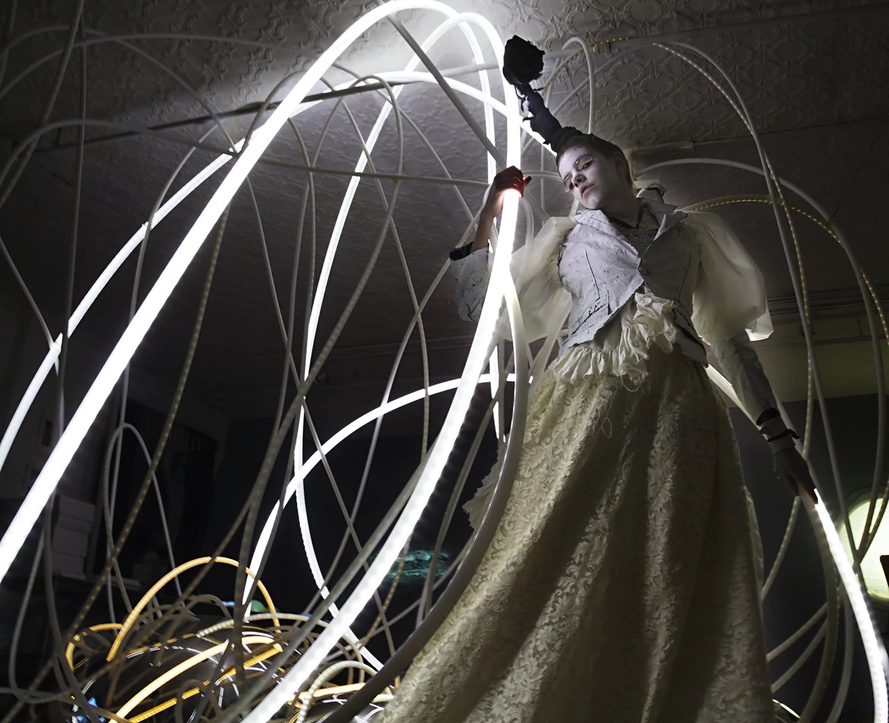 Grimanesa Amorós ONKOCHISHIN photographs documenting the fashion show collaboration with Japanese fashion designer Akiko Elizabeth Maie, inspired by the work of Grimanesa Amorós, exploring the theme of discovering new horizons by researching the past, New York, NY. Photography by Grimanesa Amorós, 2014.