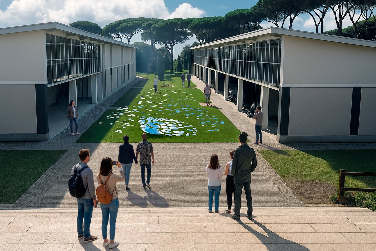 Grimanesa Amorós LUMINO UNO light installation render at the Borgo Laudato Si’ in Castel Gandolfo in Vatican City for the Vatican State.