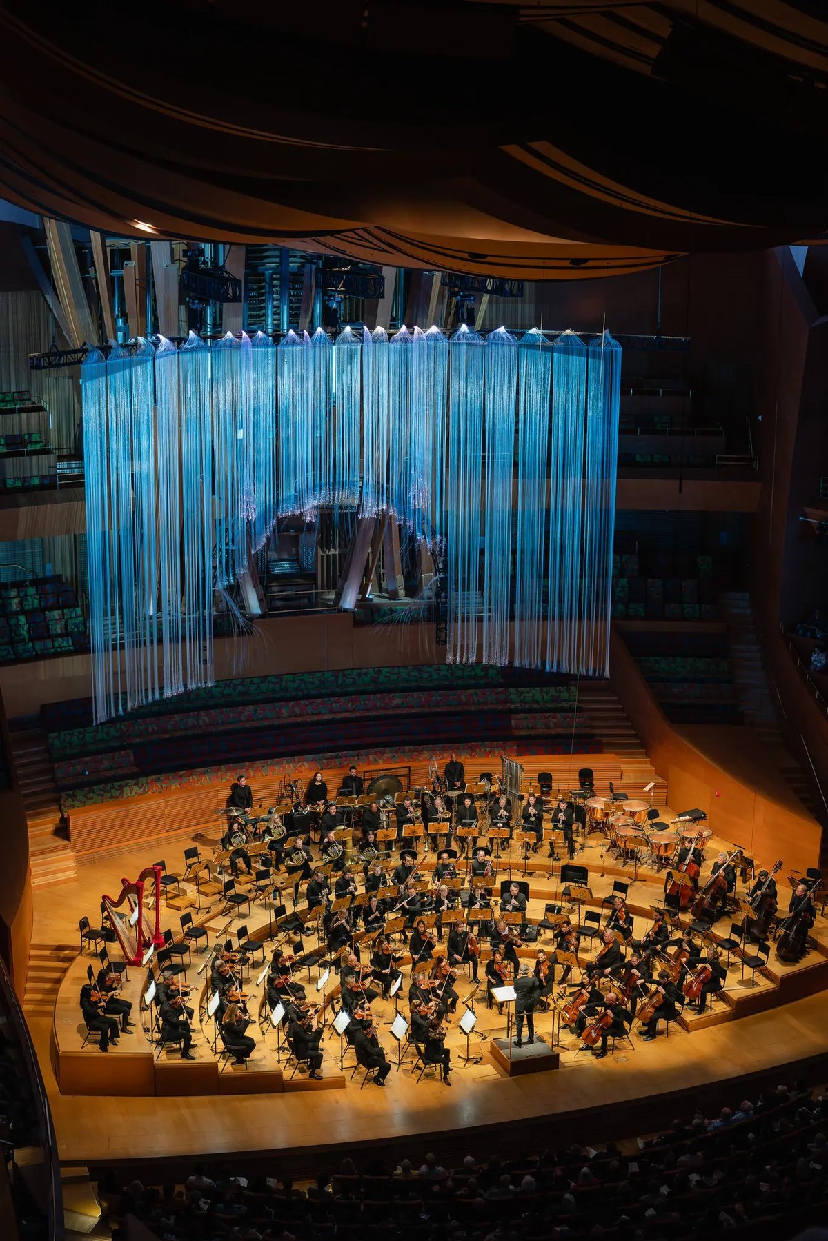 A curtain of lights with a circular opening hangs in front of a large organ in a concert hall.