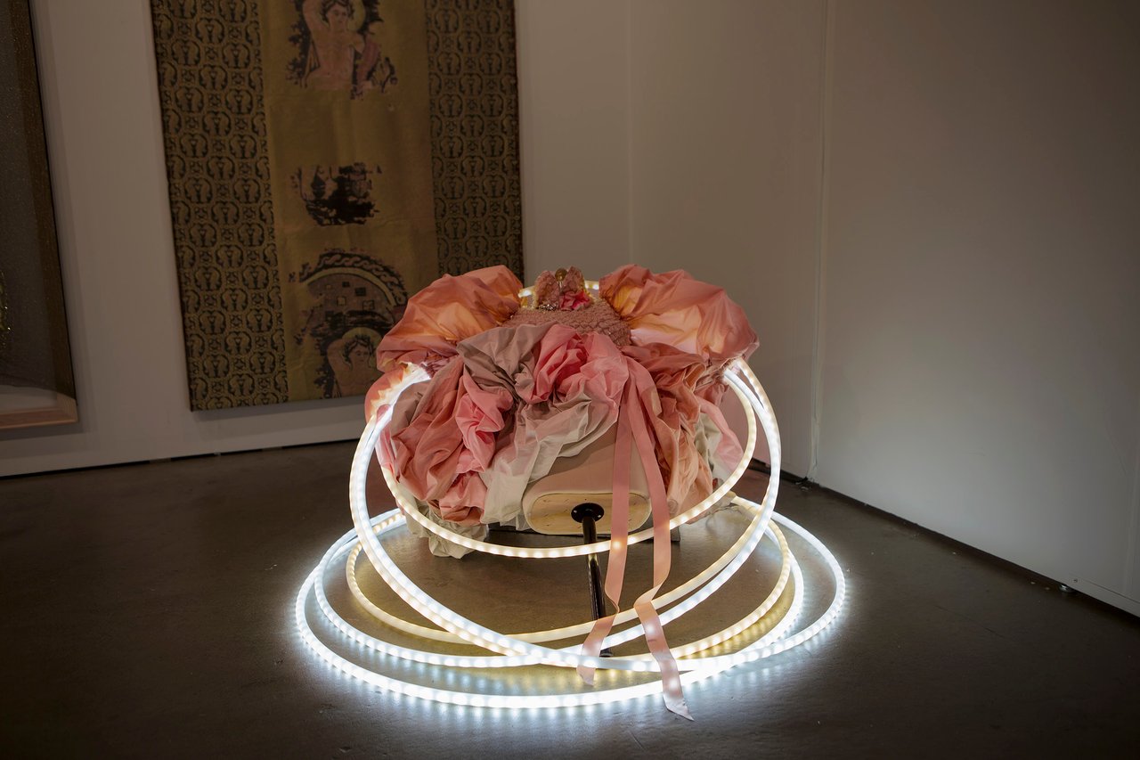 Grimanesa Amorós BOTAN, 4 x 4 x 4-foot collaborative artwork made of fabric, LEDs, diffusion material, and custom lighting sequence, created by Grimanesa Amorós in collaboration with fashion designer Akiko Elizabeth Maie as part of the Art Capsul project curated by Stacy Engman. Exhibited at EXPO Chicago Art Fair, Chicago, Illinois.