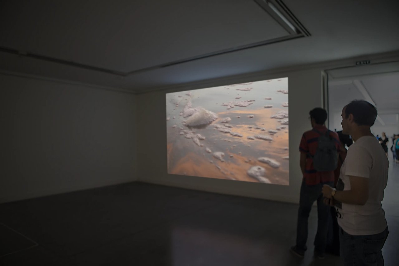 Grimanesa Amorós PUNCTUM CONTRA PUNCTUM II, video exhibition mixing images of ancient Incan monuments, animations of the artist's face transformed with the lines of totora reeds, circuit boards derived from Incan sun masks, and footage of sea foam on the Peruvian coastline filmed over seven consecutive days at sunset and moonrise. Presented courtesy of the Ministry of Culture and Monument Protection of Georgia, the US Embassy in Georgia, and Art Contact Tbilisi. Exhibited at the Georgian National Museum, Tbilisi, Georgia, 2013.