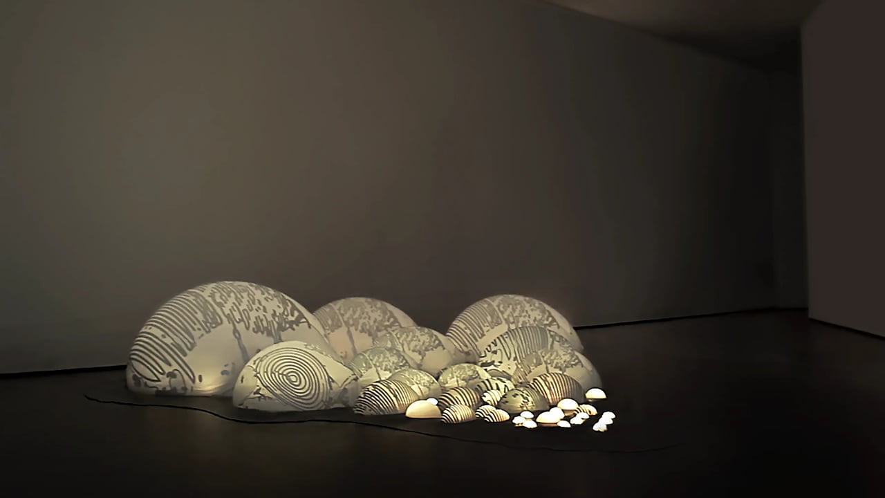 Grimanesa Amorós UROS ISLAND, 13 x 11-foot LED sculpture and light sculpture made of LEDs, diffusion material, vinyl, and custom lighting sequence, its domed forms evoking the sea foam of Peru's Pacific coast and the totora reed islands of the pre-Incan Uros people of Lake Titicaca. Exhibited as part of the Future Pass touring exhibition produced by Today Art Museum, Beijing, China, 2011 to 2012.