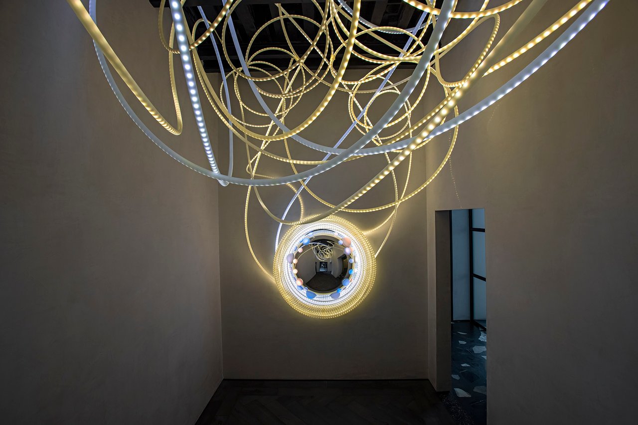 Grimanesa Amorós SISTRUM — site-specific LED art and light sculpture at Villa Escandón, Mexico City. A stainless steel and reflective dome LED sculpture that captures and refracts a custom light sequence, drawing viewers into a meditative space inspired by ancient Egyptian ceremony. Art light sculpture by Grimanesa Amorós.