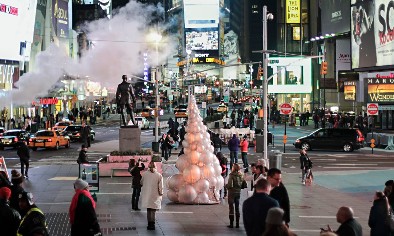 Grimanesa Amorós UROS HOUSE, 12-foot public art light sculpture and outdoor LED sculpture at Duffy Square, Times Square, New York, 2011. Made of LEDs, diffusion material domes, silkscreen, and aluminum, its red and white LED sequence chosen as a tribute to the Peruvian flag evokes the totora reed houses of the Uros people of Lake Titicaca. Seen by over 350,000 visitors. Commissioned by the Times Square Alliance and The Armory Show. Outdoor light sculpture by Grimanesa Amorós.