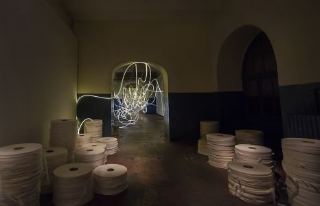 FORTUNA light sculpture by Grimanesa Amoros at the Tabacalera Promoción del Arte in Madrid, Spain