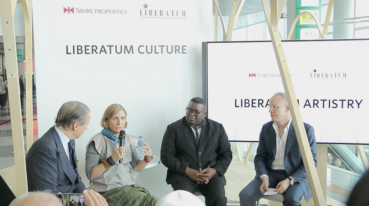 grimanesa amoros at Liberatum of Art Basel HK with Isaac Julien and Hans Ulrich Obrist