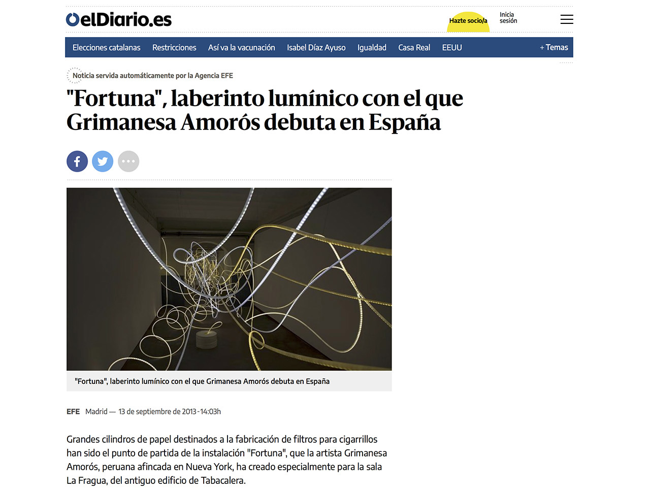 le ladiario article featuring grimanesa amoros' light installation Fortuna