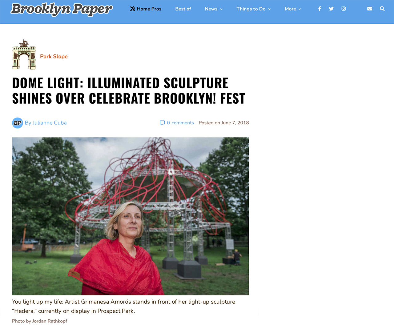  Brooklyn paper article featuring light sculpture HEDERA of grimanesa amoros at Prospect Park Brooklyn, NY
