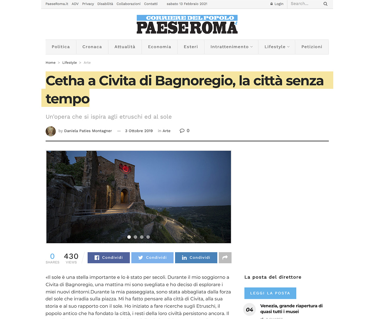 PaeseRoma article of light artwork Cetha by light artist Grimanesa Amoros