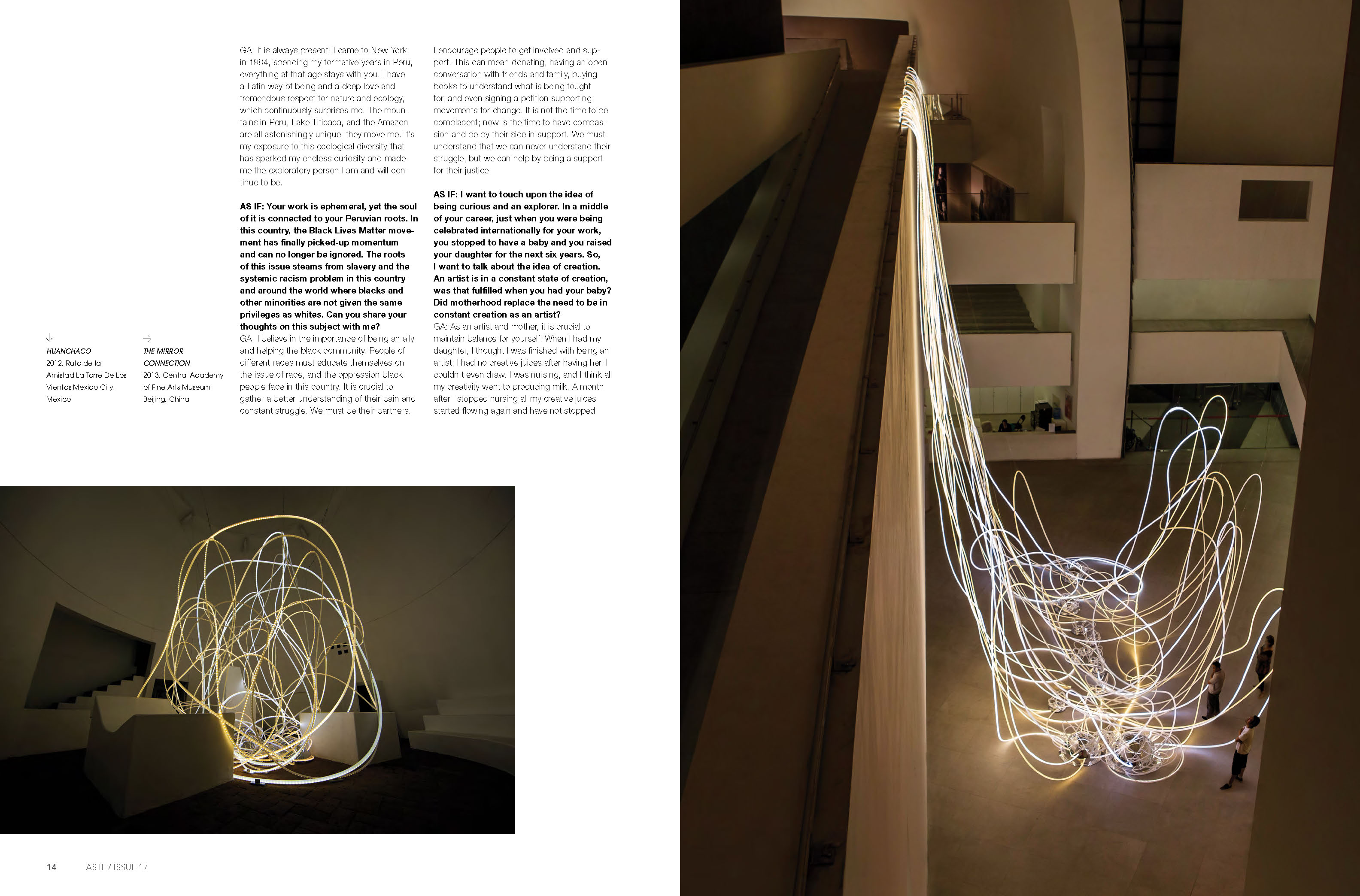 As IF Magazine issue 18 page 07 featuring the work of momental light sculpture artist Grimanesa Amoros Mirror connection CAFA Museum