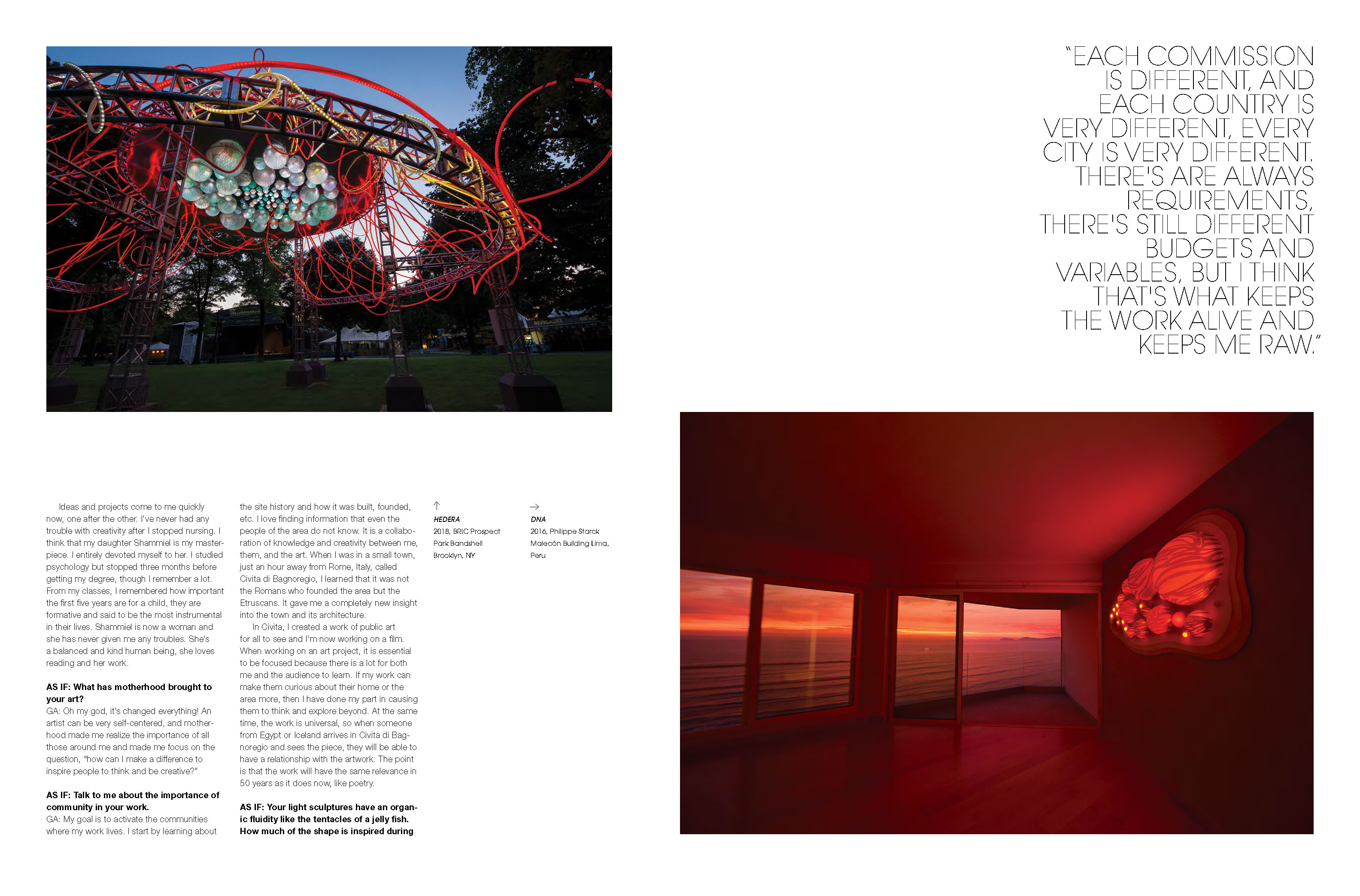 As IF Magazine issue 18 page 09 featuring the work of momental light sculpture artist Grimanesa Amoros Hedera at prospect park