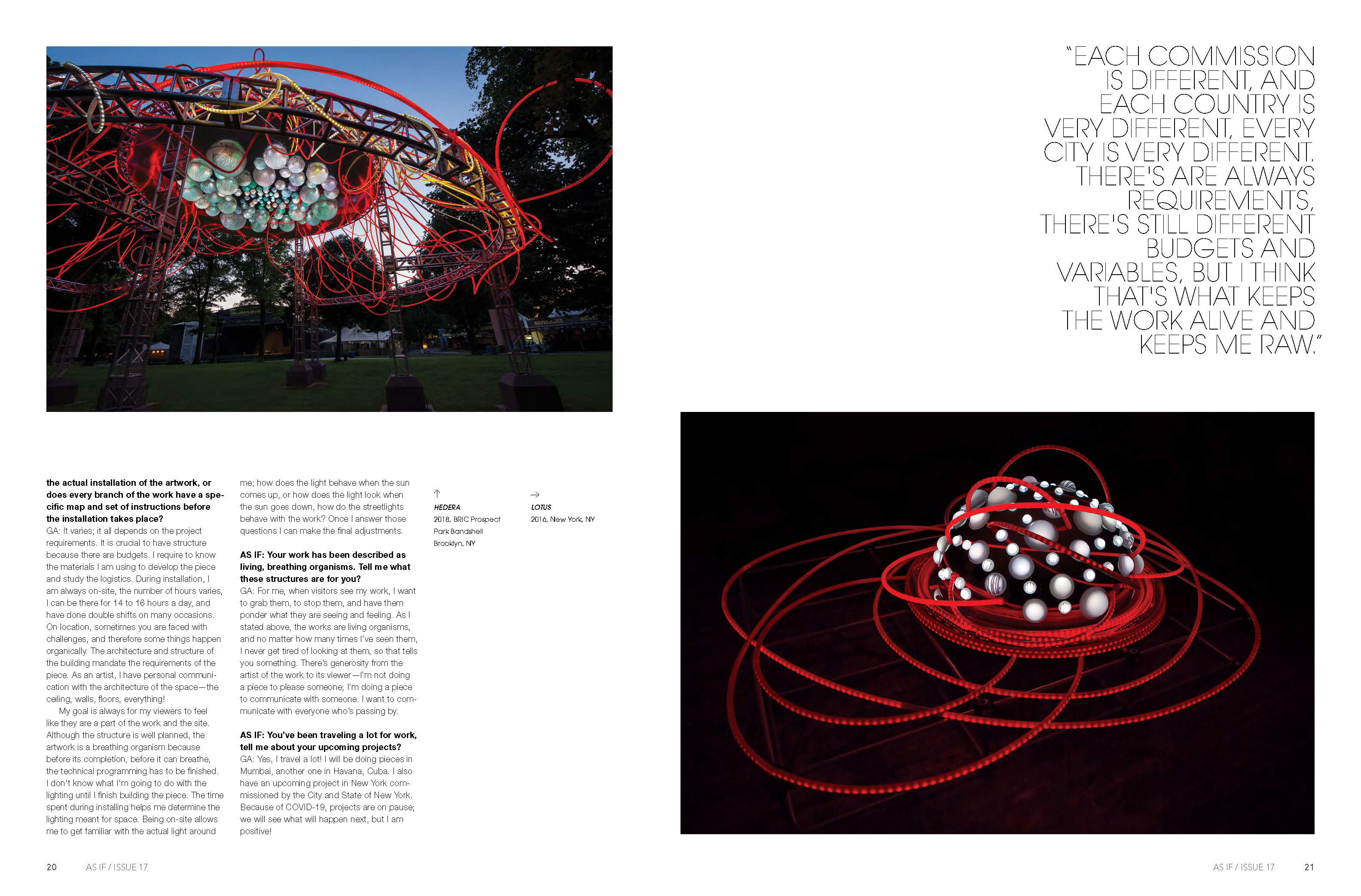 As IF Magazine issue 18 page 10 featuring the work of momental light sculpture artist Grimanesa Amoros Hedera at prospect park