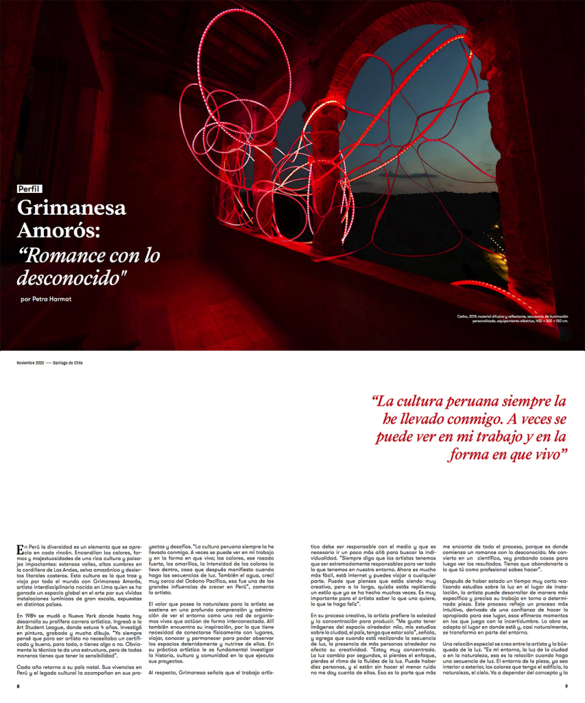 arte al limite issue 128 article featuring Grimanesa Amoros' light installation Cetha