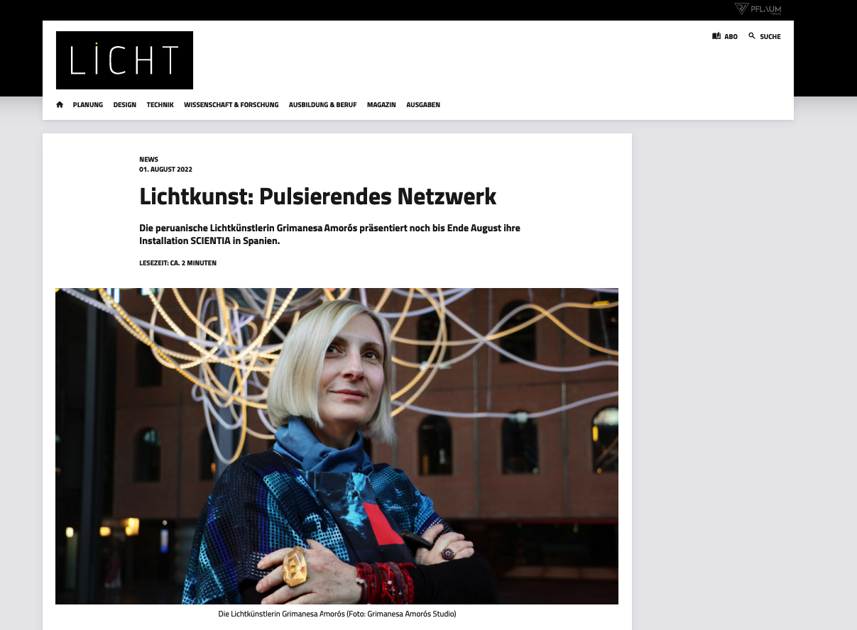 Grimanesa Amoros interview on LICHT about light installation Scientia for Wellbeing Summit at Bilbao Spain