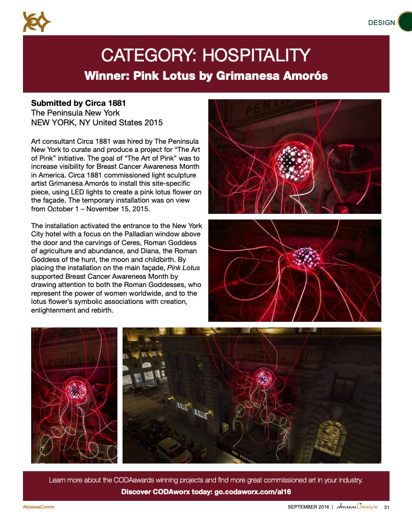Pink Lotus light installation by Grimanesa Amoros, winner of the hospitality category for CODAAwards